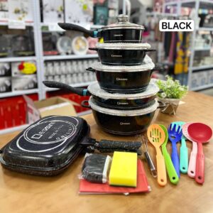23PCS DESSINI COOKWARE SET - BLACK FULL GLASS LID